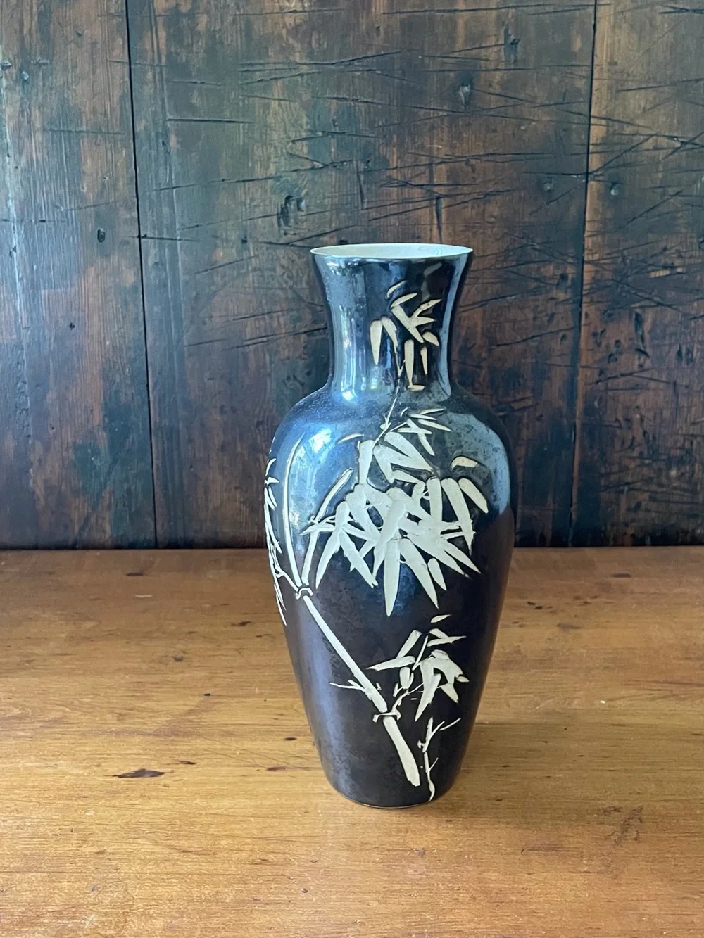 Vintage Mid Century Mod Black With Etched Bamboo Design Japanese Pottery Vase 9”